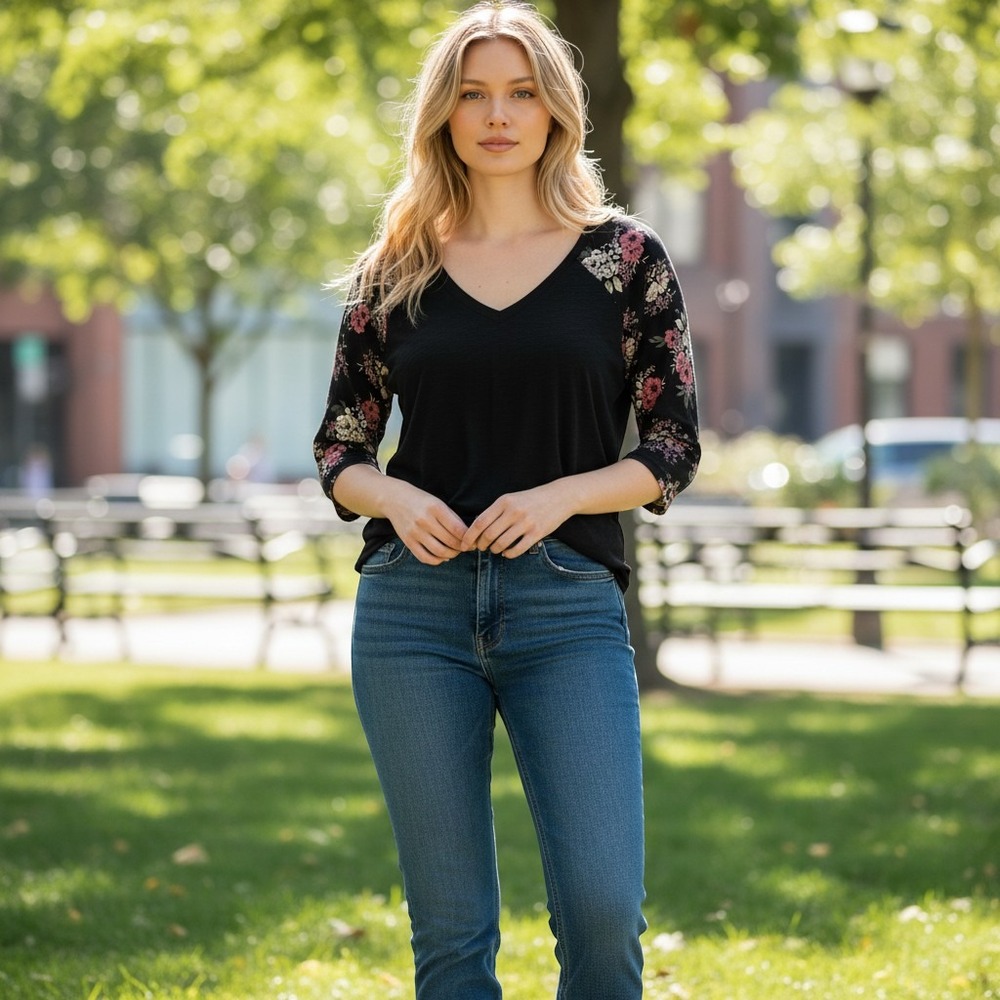 Torrid Black Floral Field Slub Raglan Tee 3/4 Sleeve V-Neck Top Size 3 3X NEW
